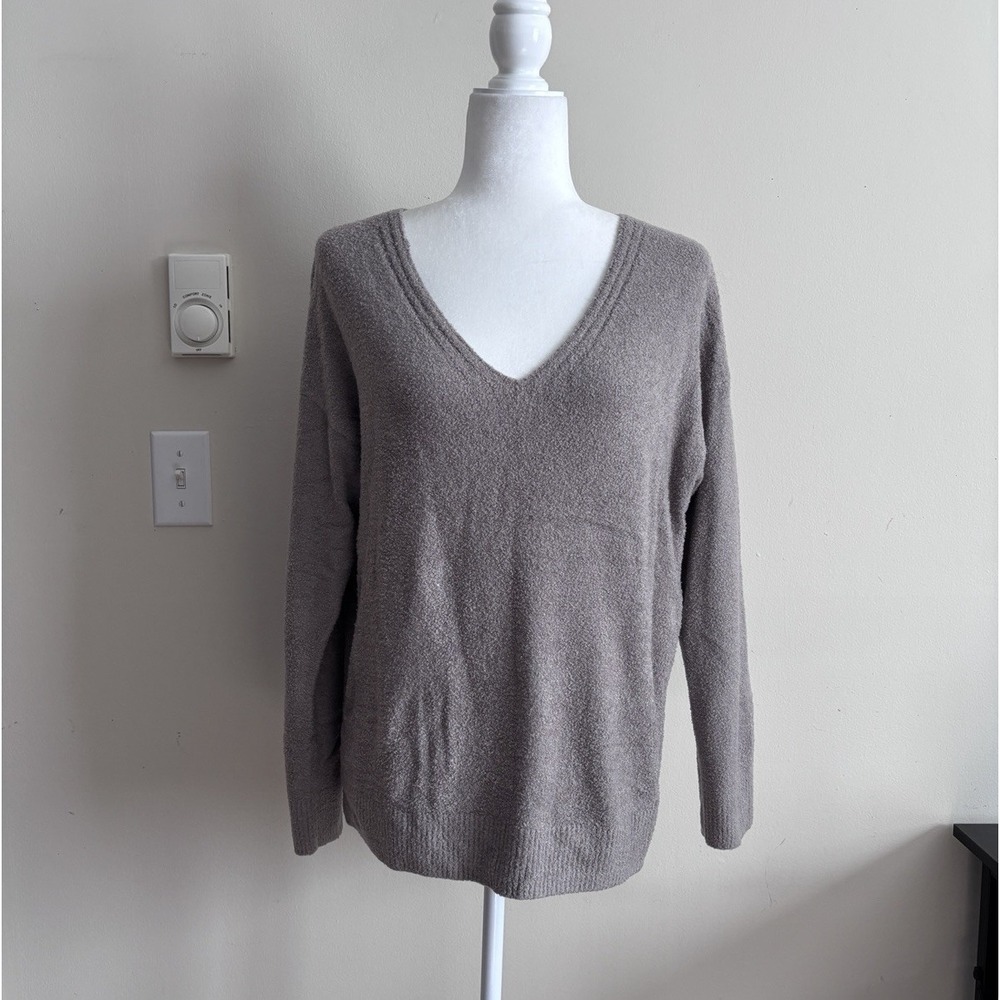 Barefoot Dreams CozyChic Lite V Neck Pullover Sweater Petite Medium Taupe Comfy